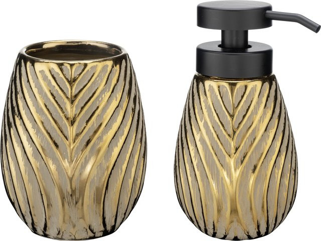 WENKO Bad-Accessoire Set Idro 2-teilig aus Keramik mit Seifenspender und Becher in Gold oder Schwarz - Bild 1