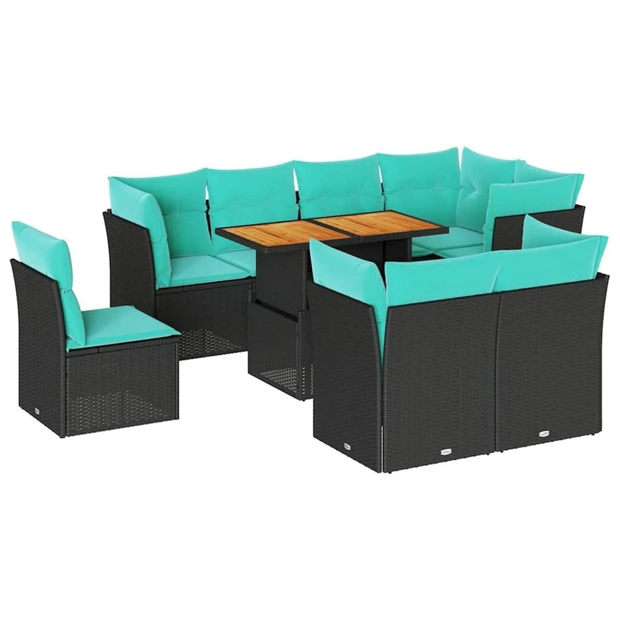 vidaXL 9-teilige Garten-Sofagarnitur aus Poly-Rattan und Akazienholz in Schwarz mit blauen Kissen - Bild 2