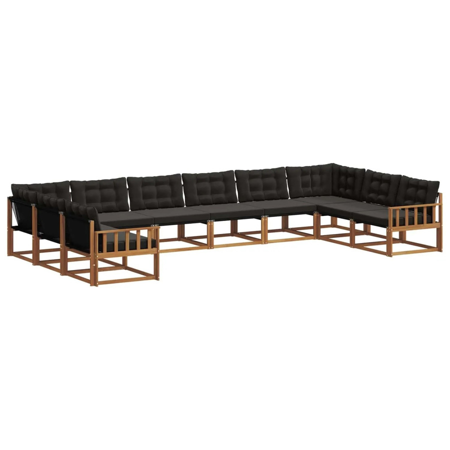 vidaXL Outdoor-Sofagarnitur aus massivem Akazienholz in U-Form, 10-teiliges Set mit Textilene-Bezug und Kissen, Braun und Schwarz - Bild 2