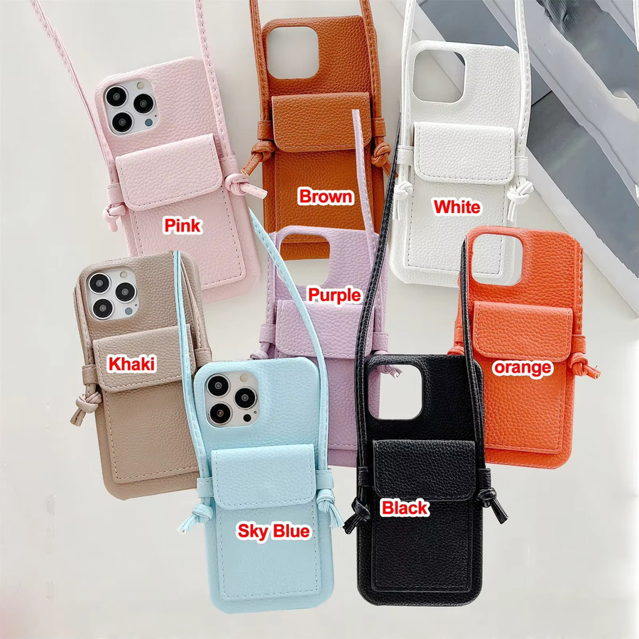 Lederhülle mit Litschi-Muster für Apple iPhone 17 bis 11 Pro Max, Mini und Plus inklusive Umhängeband und Kartenhalter als Brieftasche in Schwarz oder Beige - Bild 2