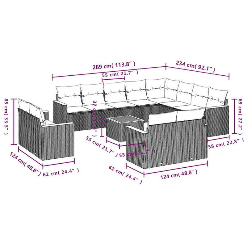 vidaXL 13-tlg. Garten-Sofagarnitur in L-Form aus schwarzem Poly-Rattan mit wetterfesten Kissen und pulverbeschichtetem Stahlgestell - Bild 2