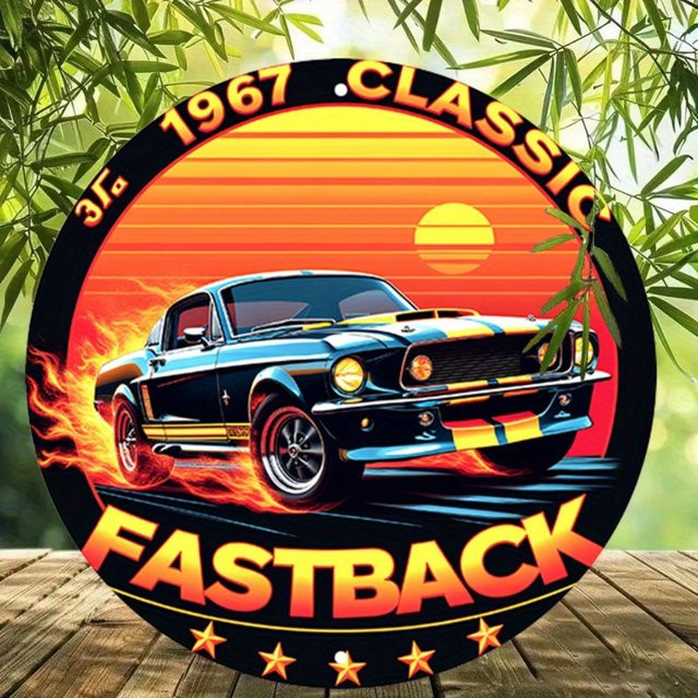Rundes Vintage Aluminium-Metallblechschild von Hello Young mit 1967 Classic Fastback Design, Flammen und Sonnenuntergang, Durchmesser: 20 cm - Bild 1