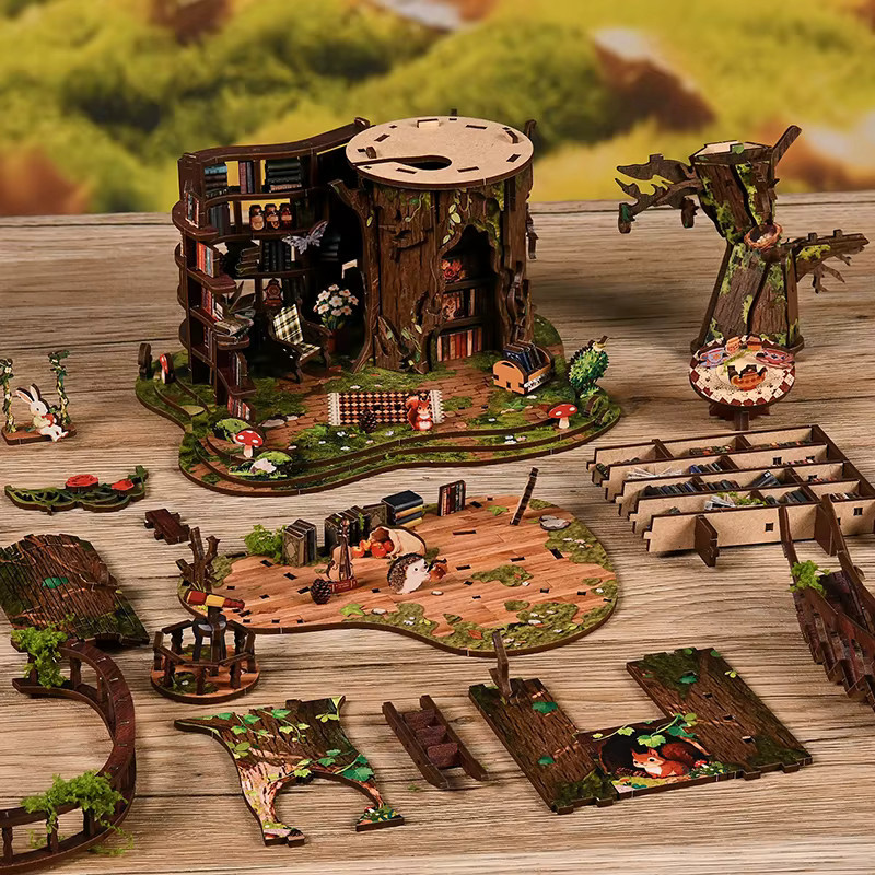 ELEVEN-CUTE DIY Holz-Wald-Buchclub-Bücherregal-Miniaturmodellbausatz, mit Möbeln, LED-Beleuchtung - Bild 4