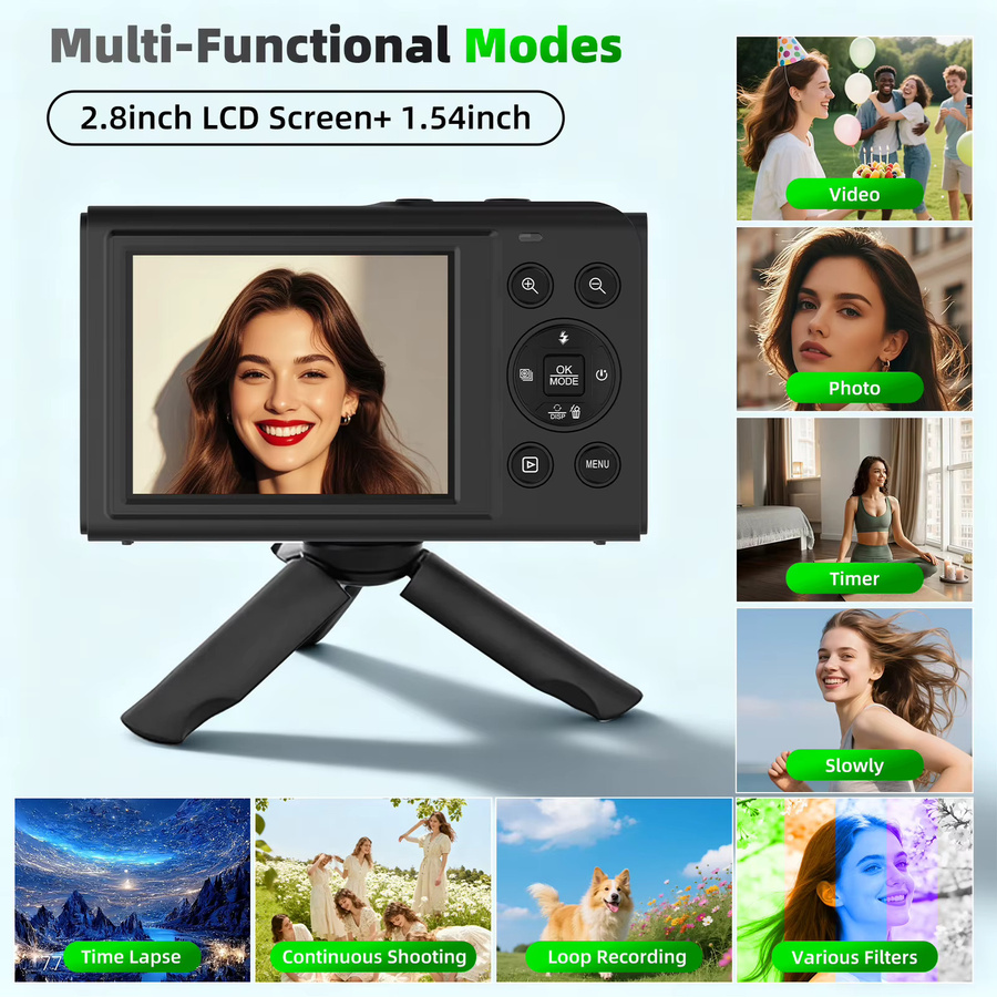 Ourlife Digitalkamera 5K 80MP mit 18X Digitalzoom und Dual-Bildschirm, Kompaktkamera mit WIFI in Schwarz - Bild 2