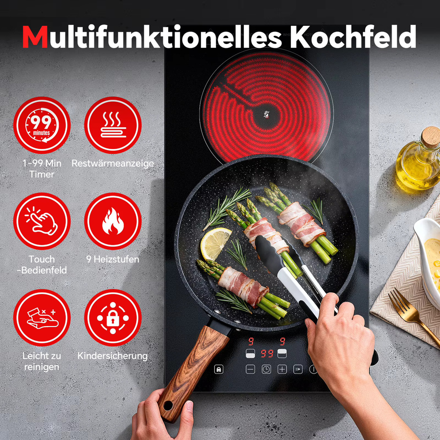 KICHPOWER Keramikkochfeld in Schwarz mit 2 Zonen, 3000W, Touch-Steuerung, 9 Leistungsstufen, Timer und Kindersicherung, Breite: 30 cm - Bild 4
