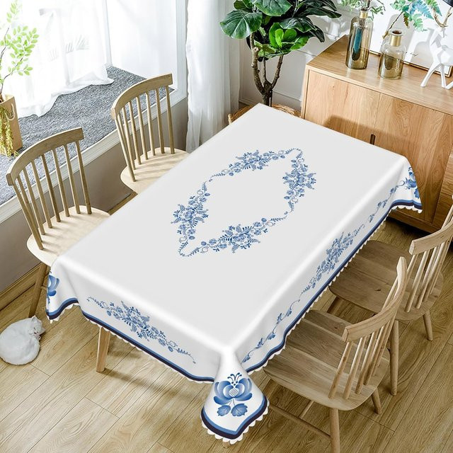 Wiederverwendbare rechteckige Tischdecke von JMG Household Supplies mit blau-weißem Blumen-Porzellan-Druck, B/T: 90 x 140 cm - Bild 1