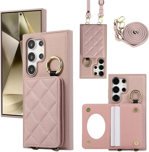 Crossbody Leder Handyhülle mit Ring und Spiegel für Samsung Galaxy S25 S24 S23 S22 Ultra Plus in Pink mit Kartenhalter und Brieftasche - Bild 1