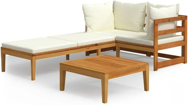 vidaXL 3-tlg Garten-Lounge-Set aus massivem Akazienholz mit cremeweißen Polsterkissen in L-Form - Bild 1