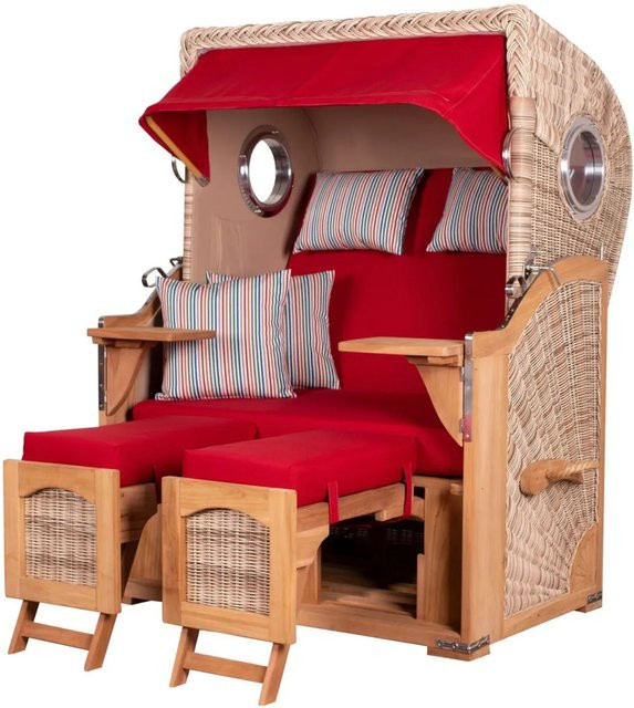 Bene Living Strandkorb Komplettset Ammersee aus Teak mit Bullauge und PE Shell Modell 585 in Braun und Rot gestreift - Bild 1
