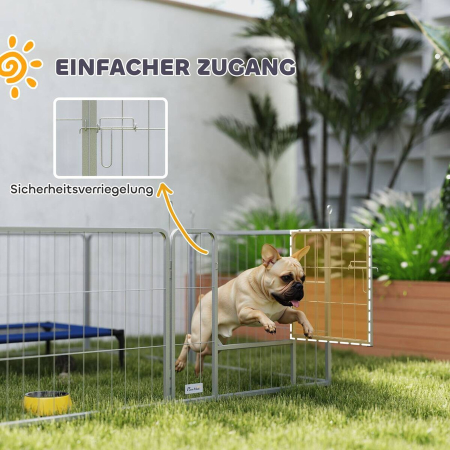 PawHut Welpenauslauf aus Stahl in Silber, 8-teiliges Freilaufgehege für kleine bis mittelgroße Hunde, Meerschweinchen und Kaninchen, B/H/L: 160 x 60 x 160 cm - Bild 3