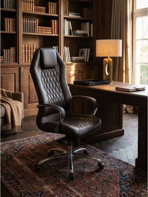 Bürostuhl aus Echtleder mit Kopfstütze und Armlehnen KADIMA DESIGN MONTEREY, Braun, B/T/H: 70 x 67 x 136 cm - Bild 1