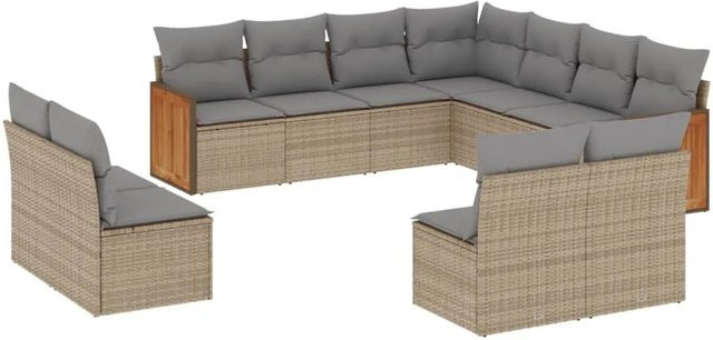 vidaXL 11-tlg Garten-Sofagarnitur aus Polyrattan und Akazienholz in Beige mit Kissen und UV-beständigen Bezügen - Bild 1