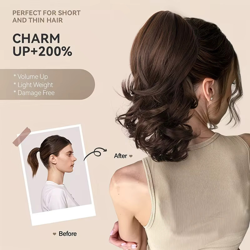 Synthetischer lockiger Haarverlängerungs-Ponytail mit Klammer, Gold, Damen - Bild 5