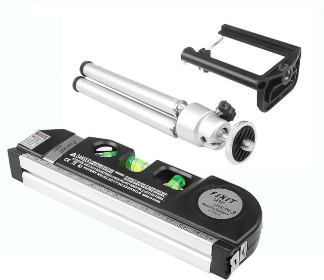 Multifunktionales Laser-Nivellierkit mit Kreuzlinienlaser, 8 Fuß Maßband, Lineal und Metall-Stativ in Schwarz - Bild 1