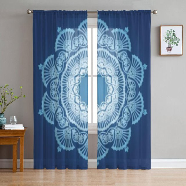 Super Six Transparente Tüll-Fenstervorhänge mit Blumenmuster in Blau, 2er-Set, B: 135 cm, H: 213 cm - Bild 1