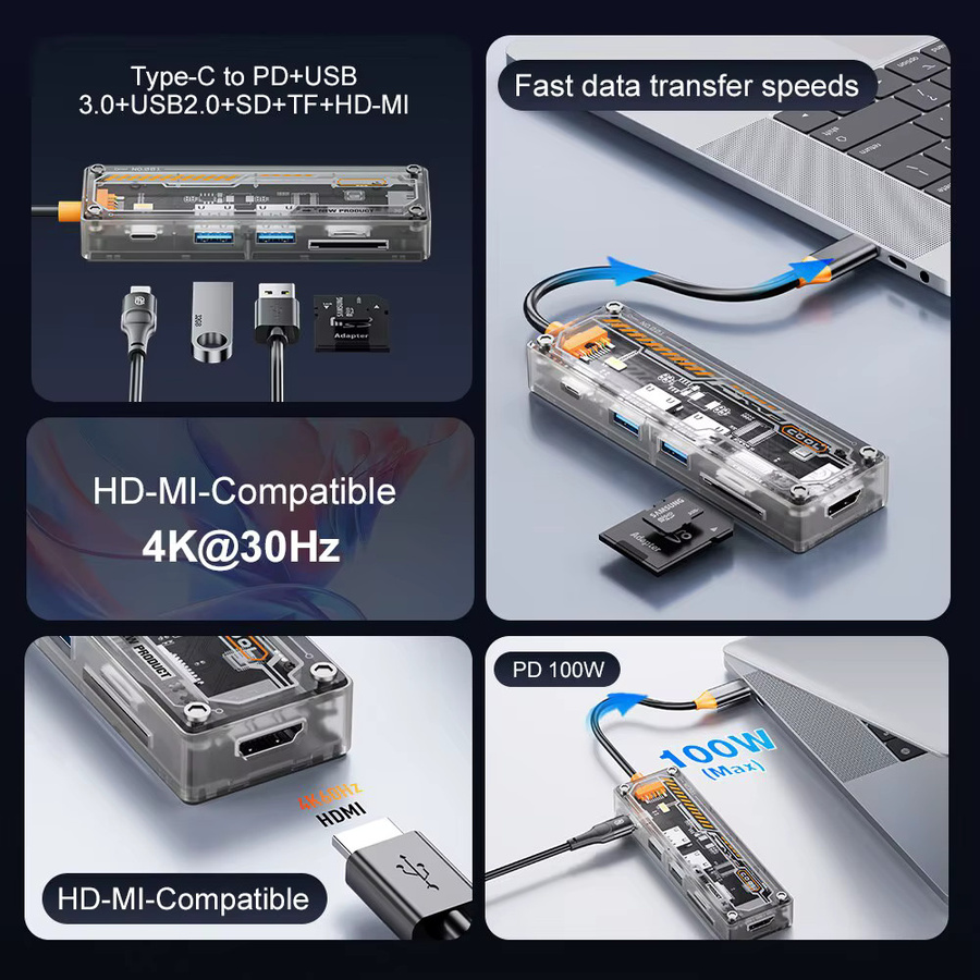 ASOMETECH 6 in 1 USB-C Hub mit HDMI 4K, TF-Slot und 100W PD für MacBook Pro, Laptop und Tablet, USB 3.0 Adapter in Transparent-Optik - Bild 2