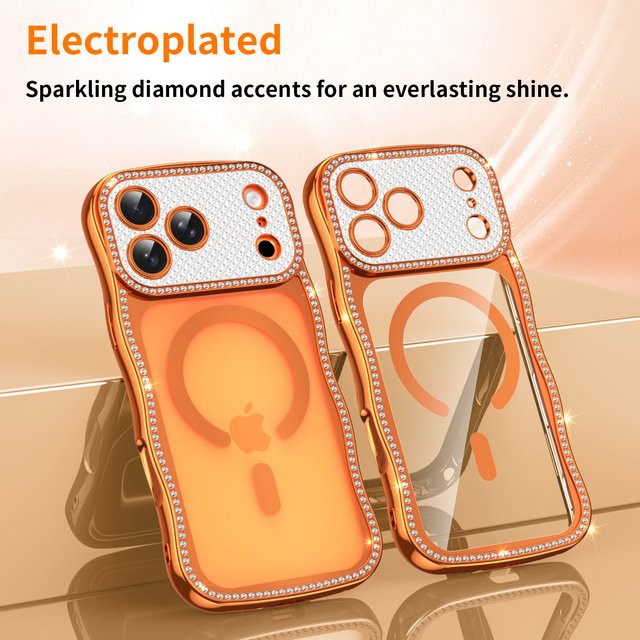 RPKKS Glitzernde Diamant-Handyhülle mit Wellenkanten-Design für MagSafe, stoßfestes Softcover für iPhone 17, 16, 15, 14 Plus, 13 Pro Max in Gold und Orange - Bild 1