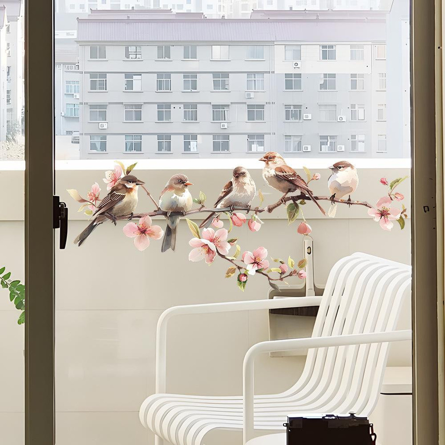 Dekorativer Blumen- und Vogelaufkleber aus PVC mit Frühlingsblumen für Fenster und Glaswände von Voyage-home, B/H: 25 x 60 cm - Bild 2