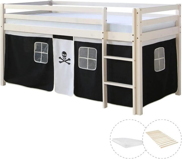 Homestyle4u Kinder Hochbett Piratendesign aus Kiefernholz mit Vorhang, Lattenrost und Schaumstoffmatratze, Weiß/Schwarz, B/T/H: 207,5 x 96,5 x 110 cm - Bild 1