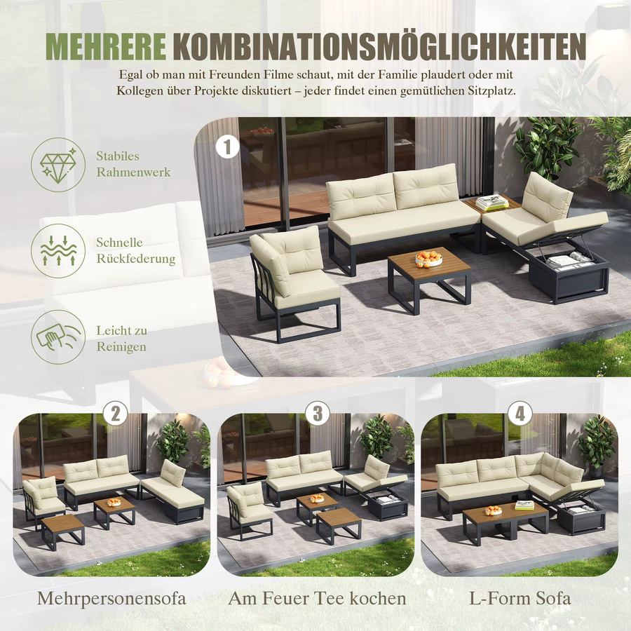 LVHOM Modulares L-förmiges Outdoor-Ecksofa mit Aluminiumrahmen, Holztisch und Kissen in Beige und Weiß, wetterfestes Garten- und Terrassen-Set mit Stauraum - Bild 6