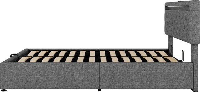 okwish Polsterbett mit LED, USB-Anschluss und Stauraum, Grau, B/T/H: 140 x 200 x 48,5 cm - Bild 1