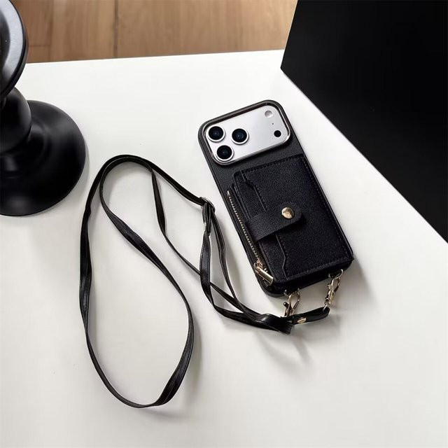 Crossbody Handyhülle mit Geldbörsen-Riemen und Kartenfächern für iPhone 11 bis iPhone 16 Plus aus PU-Leder und Silikon, Farbe: Schwarz - Bild 1