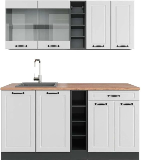 Vicco R-Line Singleküche Landhaus Stil in Weiß Strukturiert und Anthrazit mit Eiche Optik, Breite: 160 cm - Bild 1