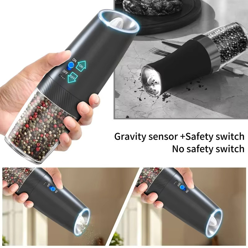 Venlohome 2er Set Elektrische Automatische Gewürzmühlen mit Schwerkraftsensor, Einstellbare Mahlstärke und LED-Licht, Schwarz - Bild 5