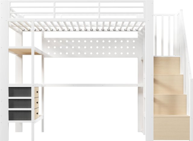 Modernes Hochbett in Weiß mit Treppe, Stauraum und Ablageböden, H x B x T: 251 x 96 x 170 cm - Bild 1