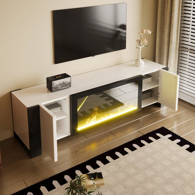 Ye Lowboard TV-Schrank mit elektrischem Kamin-Flammeneffekt in Weiß Hochglanz - Bild 1