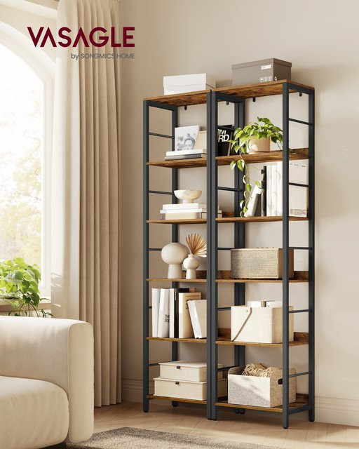 VASAGLE Bücherregal mit 6 Ebenen und Rückwand im Industrial Design, Farbe: Braun/Schwarz - Bild 1