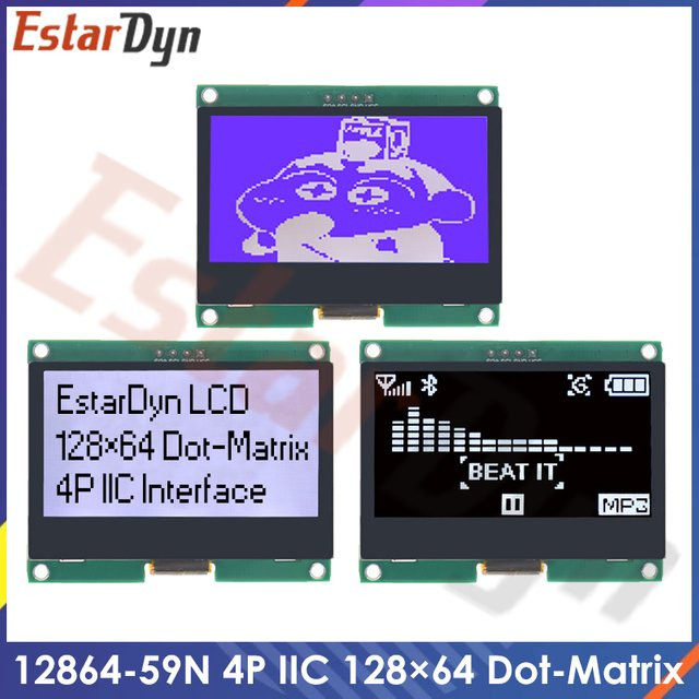 Estardyn 12864 IIC 4P LCD-Modul Grafik-Display-Bildschirmplatine mit ST7567S COG und 128x64 Punktmatrix in Schwarz - Bild 1
