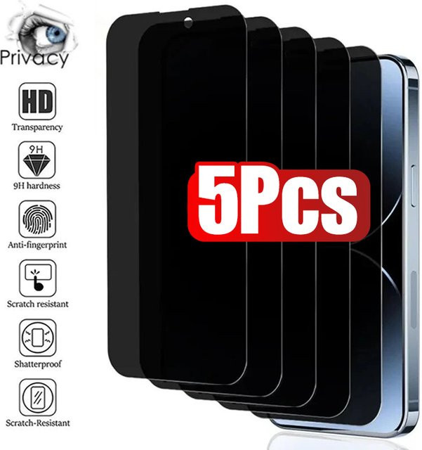 Hekiy 5er-Pack Anti-Spy Displayschutz aus gehärtetem Glas für iPhone 17 16 15 14 13 12 Pro Max Plus, transparent - Bild 1