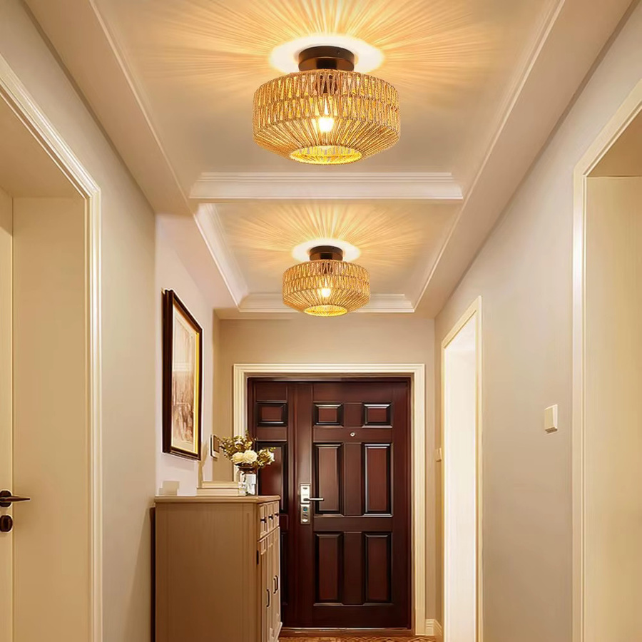 JOYINLED Rattan-Deckenleuchte in Braun, handgewebte Hängelampe für Schlafzimmer und moderne Heimdekoration, E27, Durchmesser: 30 cm - Bild 2