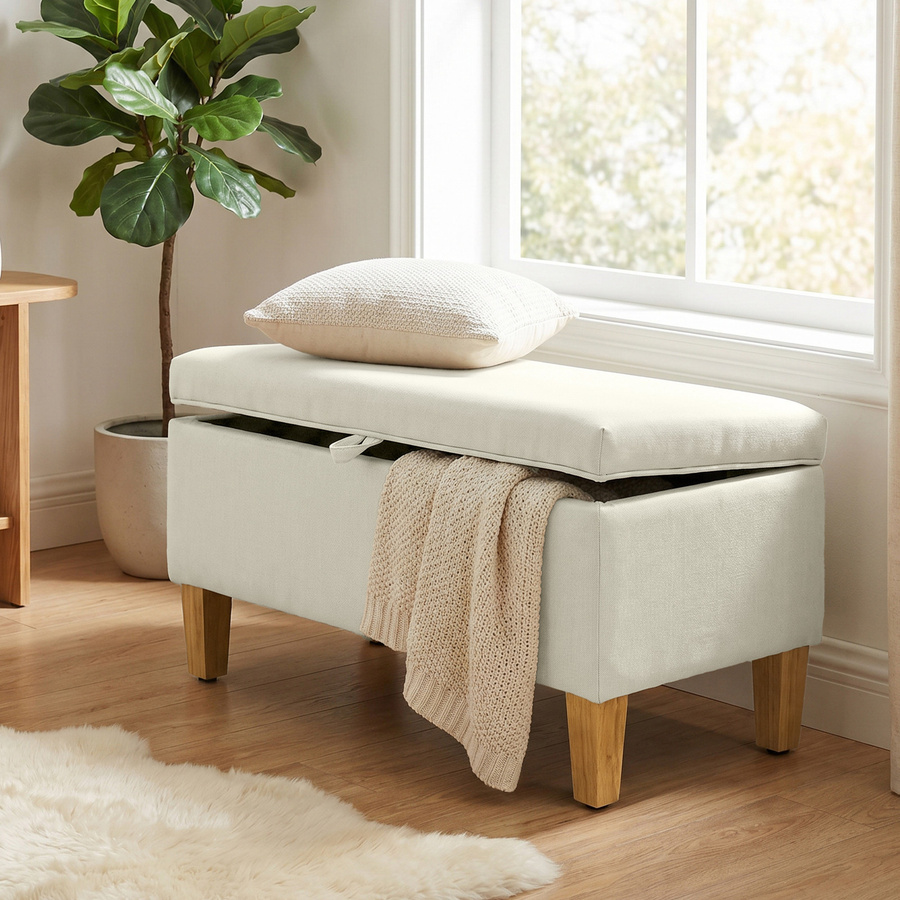 HOMCOM Aufbewahrungsbank in Leinenoptik mit Gummibaumholz-Beinen, gepolsterter Fußhocker für Wohnzimmer, Schlafzimmer und Flur, beige, B/T/H: 71 x 37 x 36 cm - Bild 2