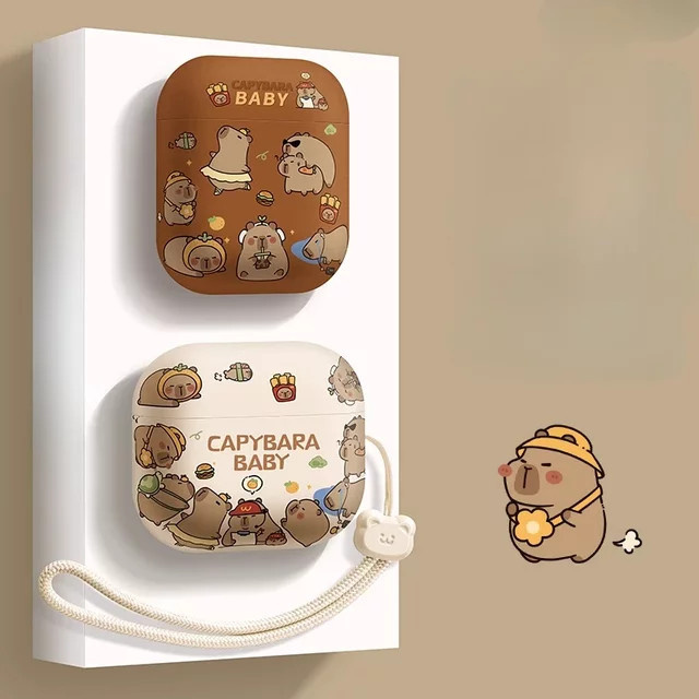Kawaii Cartoon Capybara Silikon Schutzhülle für Apple AirPods 1, 2, 3, Pro 2, 4 in Braun und Multicolour mit Schlüsselanhänger - Bild 1