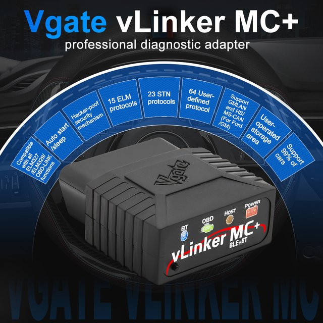 Vgate VLinker MC/MC+ Bluetooth OBD2 Scanner ELM327 Auto-Diagnosetool in Schwarz kompatibel mit BimmerCode und FORScan für iOS und Android - Bild 1