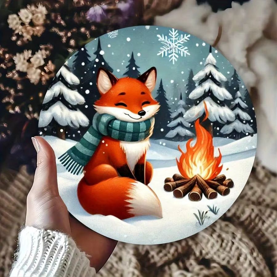 CIFBUY Vintage Metallschild Fox Winter Bonfire Weihnachtsbaum rund, Durchmesser: 20,3 cm, Multicolor - Bild 2