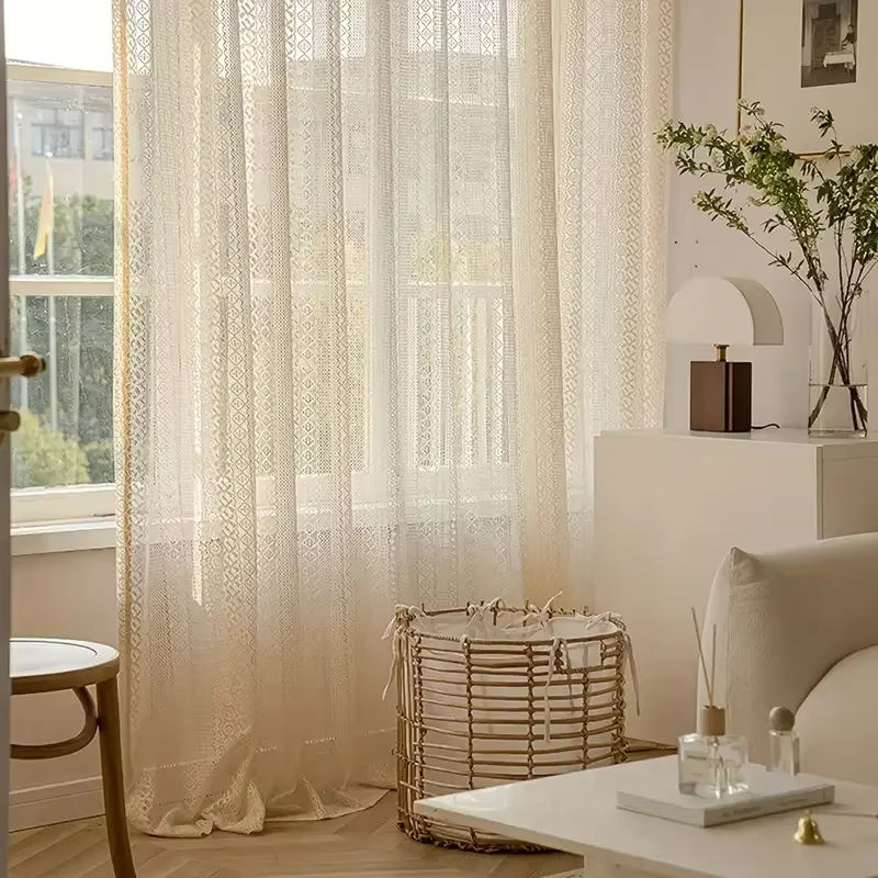 AiFish Boho Jacquard Vorhang aus Spitze und Tüll in Beige mit geometrischem Muster, Breite: 140 cm, Höhe: 160 cm - Bild 3