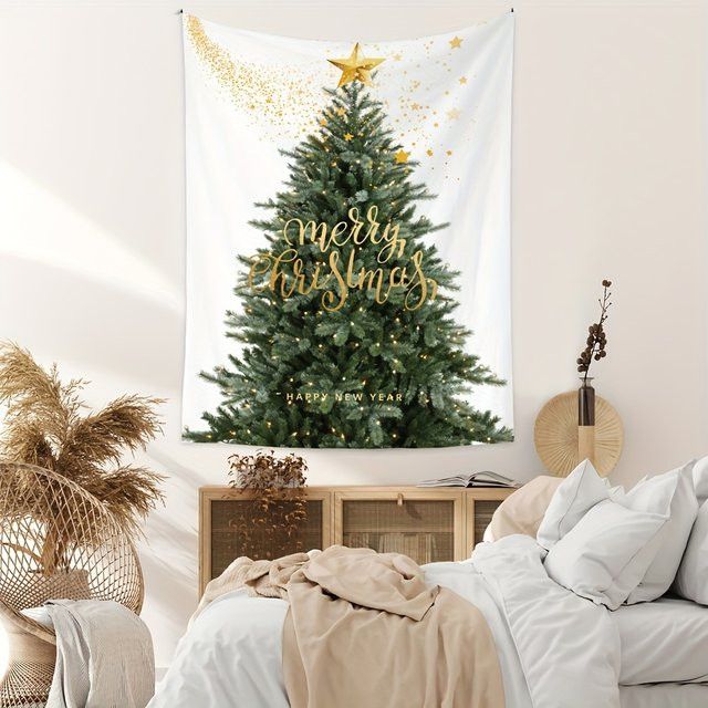 VIKAMA Weihnachts-Wandteppich mit Weihnachtsbaum-Design und goldenem Stern zur Wanddekoration - Bild 1