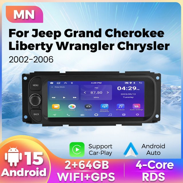 NAVIFANS Android 15 Multimedia Autoradio mit Carplay und GPS für Jeep Grand Cherokee Liberty Wrangler und Chrysler 2002-2006, Schwarz, 2 GB RAM, 64 GB Speicher - Bild 1