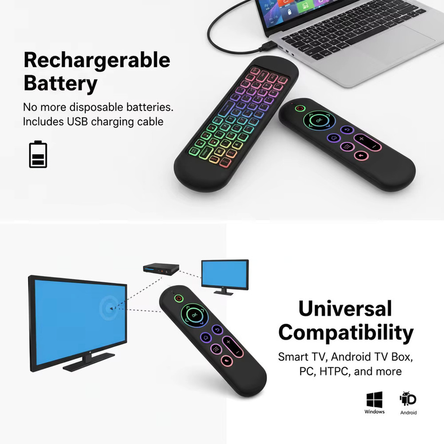 MRSVI Air Mouse Tastatur M5 Wireless 2,4 G & Bluetooth mit 7-farbiger Hintergrundbeleuchtung und Gyroskop-Fernbedienung für Smart Android TV Box und PC, Schwarz, Multicolour - Bild 2