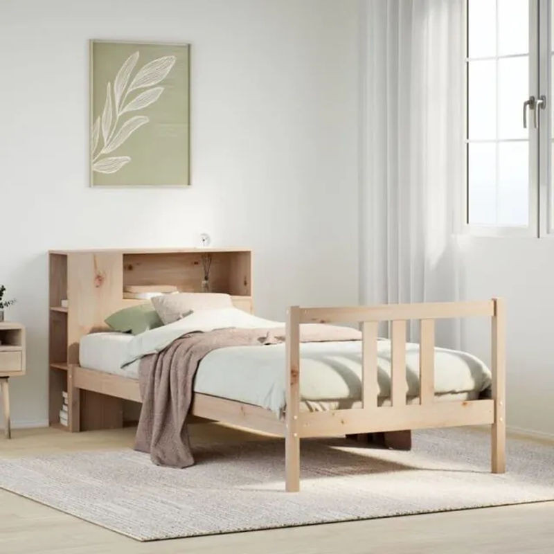 vidaxl Massivholzbett aus Kiefer mit integriertem Bücherregal in Natur und Braun, B/T/H: 190 x 75 x 82 cm - Bild 1