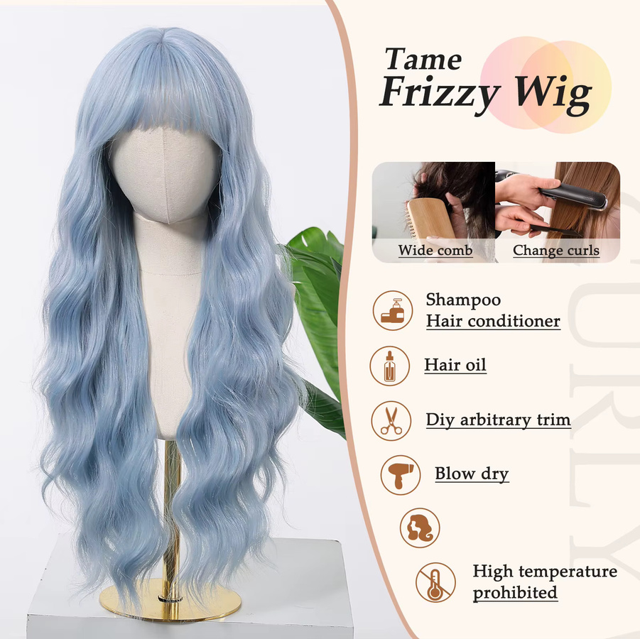Allbell Magique Haarperücke mit Pony, lange gewellte synthetische Perücke, Blau, Damen - Bild 4