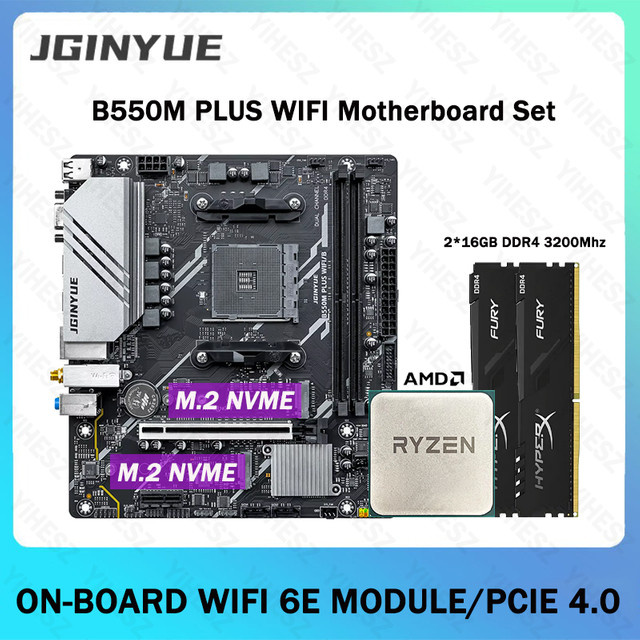 JGINGYUE B550M PLUS Micro-ATX Motherboard für AMD AM4 Prozessoren, DDR4 Dual Channel, M.2 NVMe und WiFi 6E, Schwarz - Bild 1