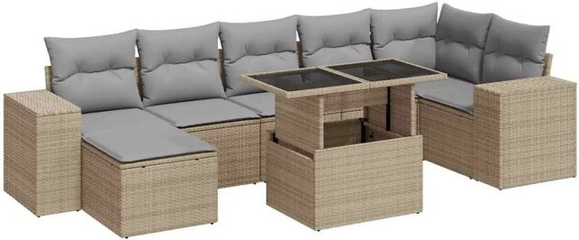 vidaXL 8-teilige Garten-Sofagarnitur in L-Form aus Poly-Rattan in Beige mit Kissen und Armlehnen - Bild 1