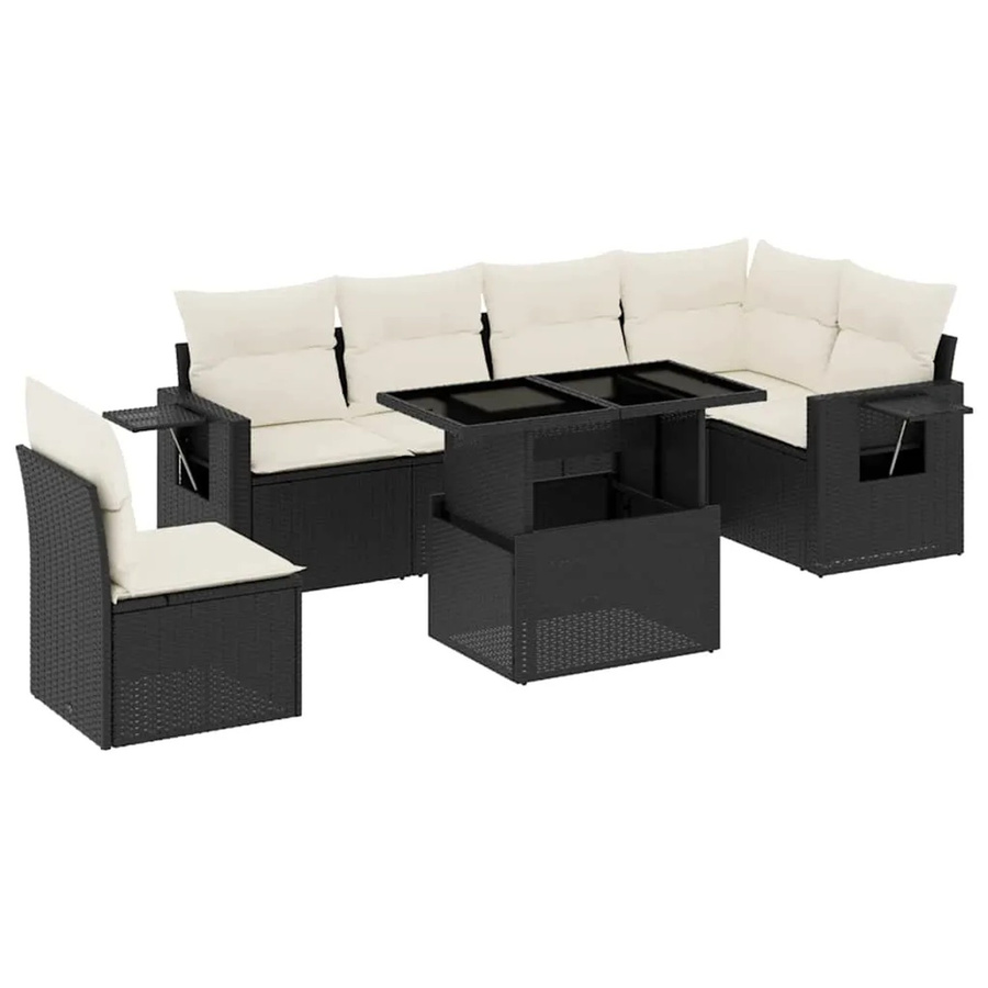 vidaXL 7-teilige Garten-Sofagarnitur in L-Form aus Poly-Rattan in Schwarz mit Kissen und Armlehnen - Bild 2