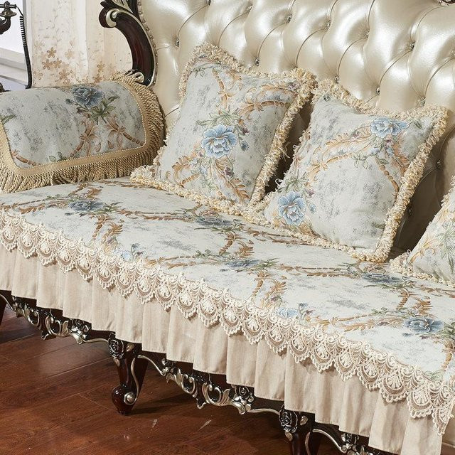 Jacquard Sofaüberwurf von Yiran Furniture in Blau mit floralem Design, quadratische Sofaauflage für Sessel und Couch, Breite: 90 cm, Breite: 90 cm - Bild 1