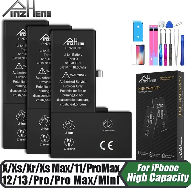 PINZHENG Akku in Schwarz für iPhone X XR XS 11 12 13 Mini Max Pro Pro Max mit hoher Kapazität als Ersatzakku - Bild 1