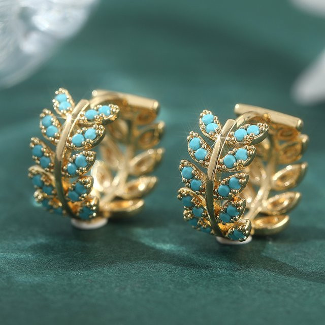 Ohrringe Blumenranken in Blattform, Gold, Türkis-Einlage, Brillant, Zirkonia, Damen - Bild 1